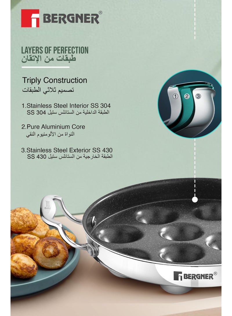 Bergner 25cm with 11 Cavities Triply Stainless Steel Paniyarakkal with Glass Lid, Quantanium Nonstick Aebleskiver Pan, Low-Oil Healthy Cooking, Even Heating, Gas & Induction Compatible - Image 3